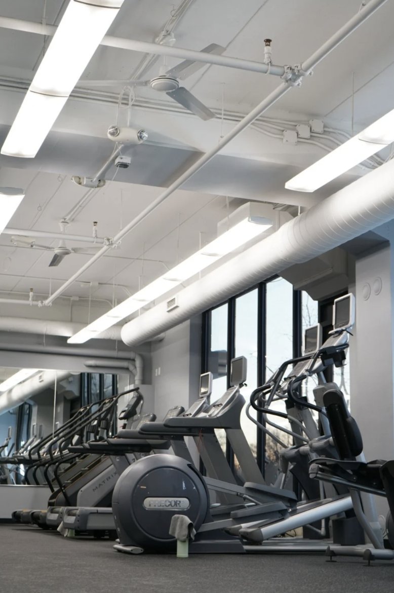 Precor cardio equipment along the windows at University Row