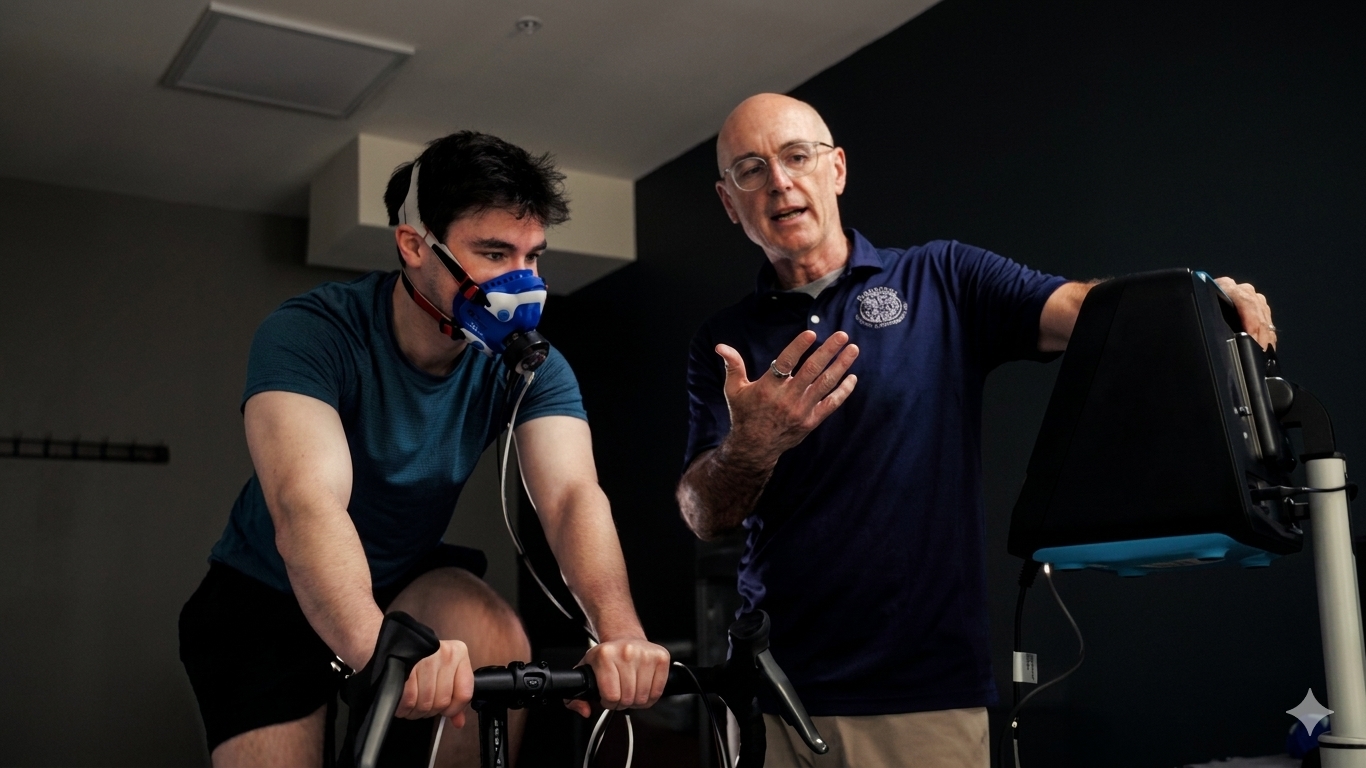 A PKFit member wearing a metabolic mask on a stationary bike during fitness testing while a coach stands beside a monitor